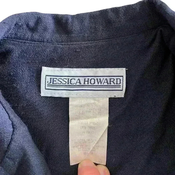 Jessica Howard Coat Dress Navy Blue with Handpainted Flowers Vintage 80s Size 10 - Picture 7 of 9